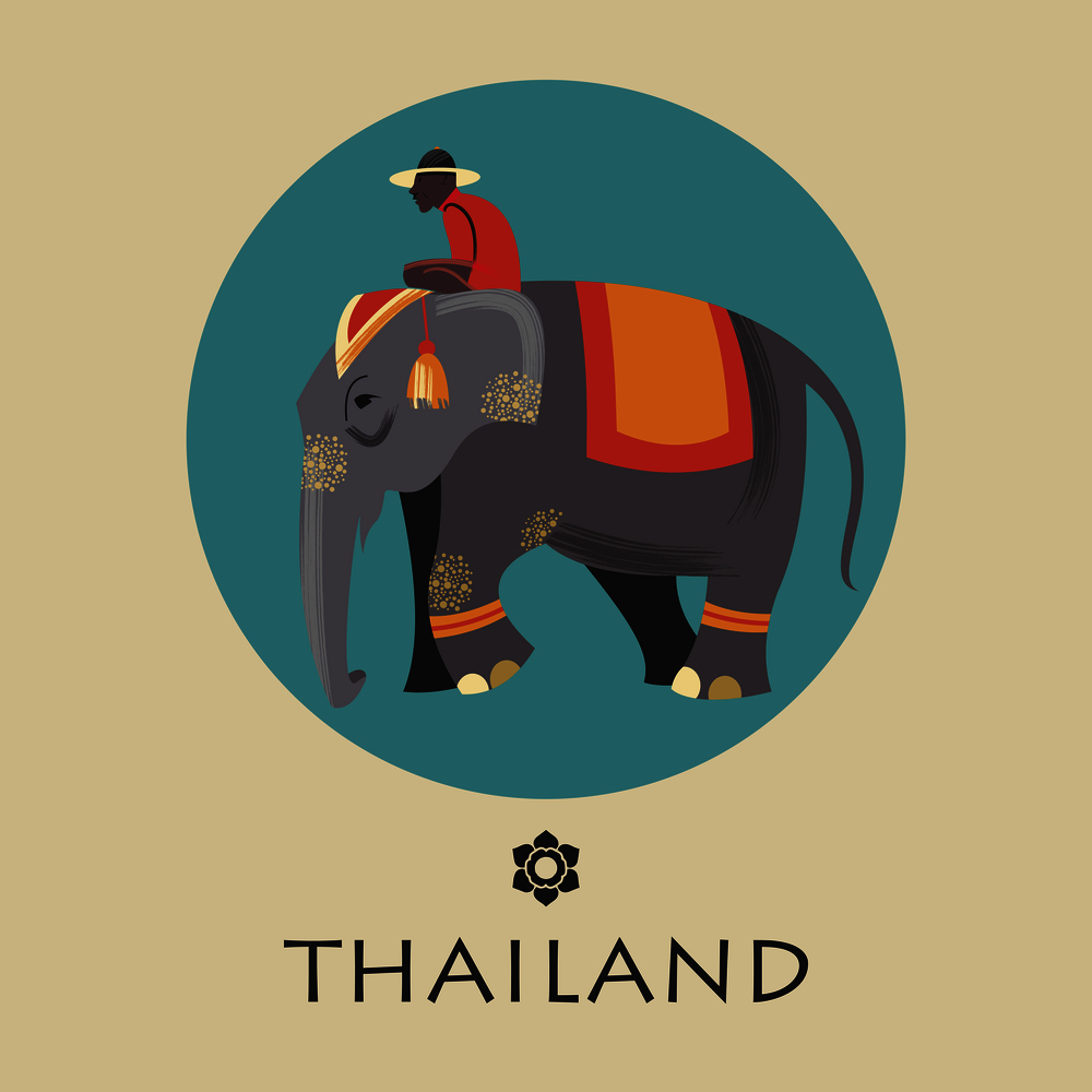 The driver in the hat riding an elephant. Vector illustration.. The mahout riding on the elephant. Vector illustration.