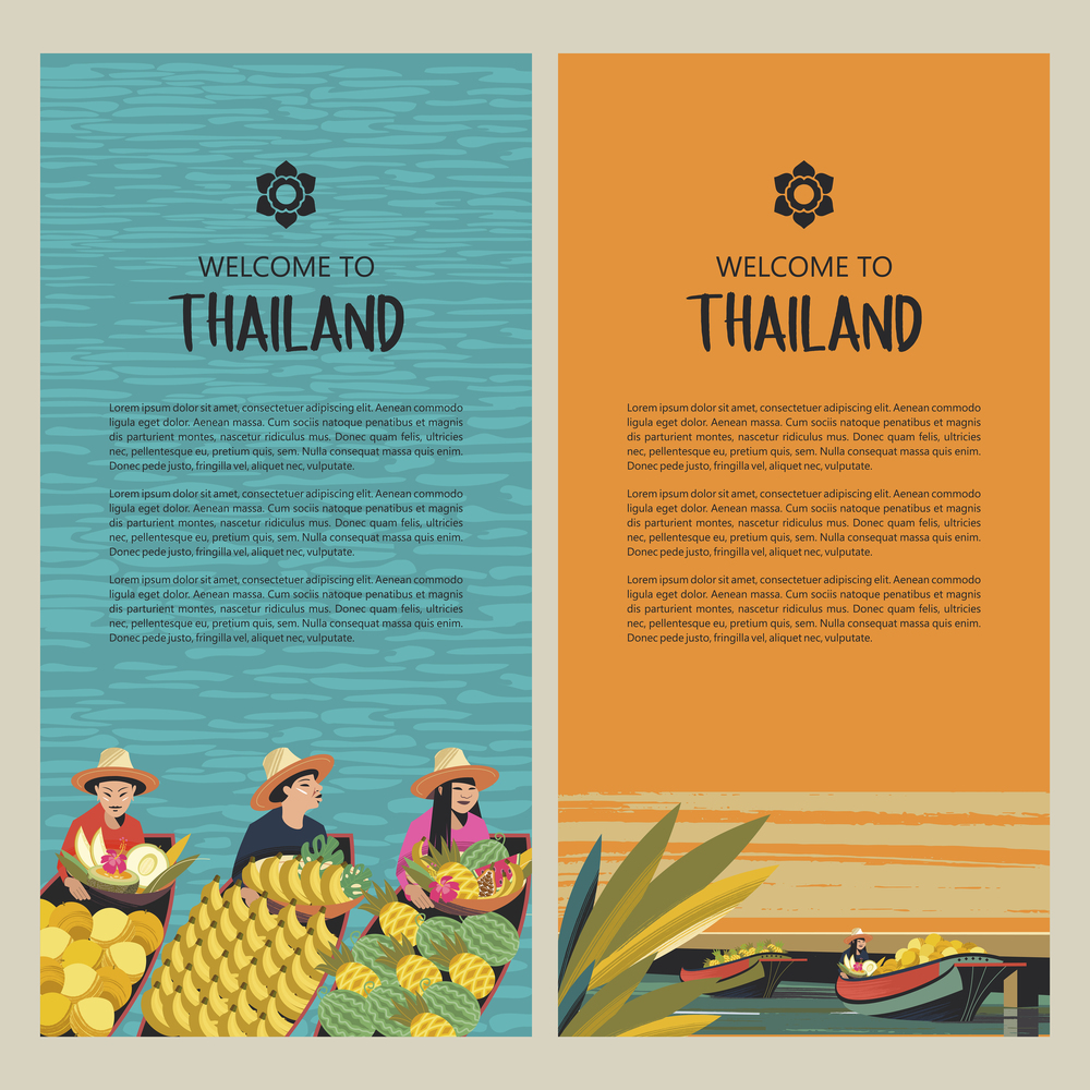 Thai fruit traders on the boat. Fruit market in Thailand. Thai woman in a hat with a basket of exotic fruits. Vector colorful illustration.. Fruit traders in boats. Vector illustration. For the Thai market.