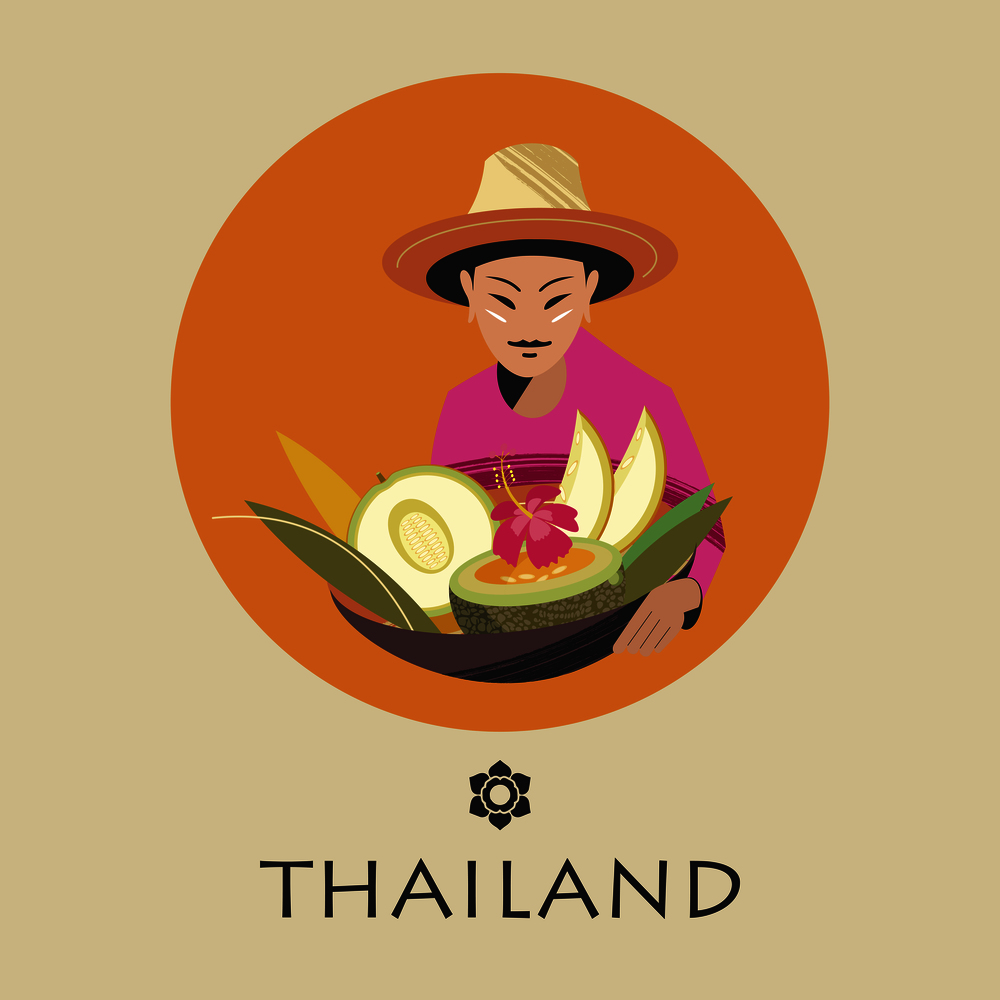 Thai woman in a hat sells melons. A large basket of fruit. Vector illustration. Round emblem.. Thai fruit merchant. Vector illustration.