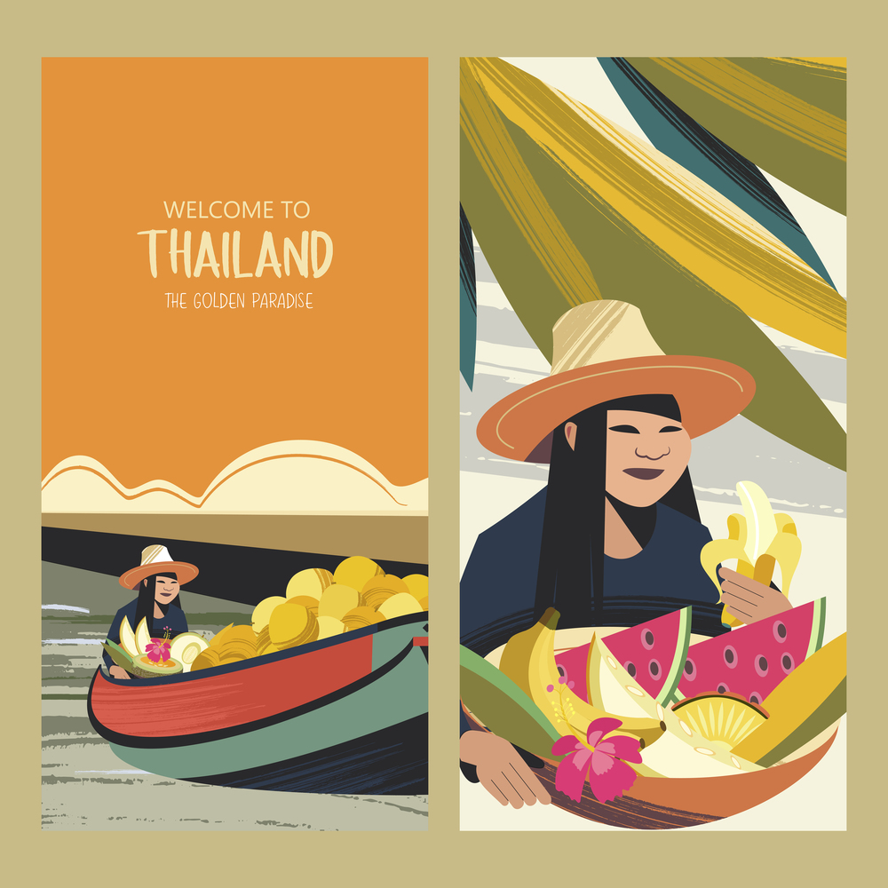 Thai fruit traders on the boat. Fruit market in Thailand. Thai woman in a hat with a basket of exotic fruits. Vector colorful illustration.. Thai fruit merchant. Vector illustration.
