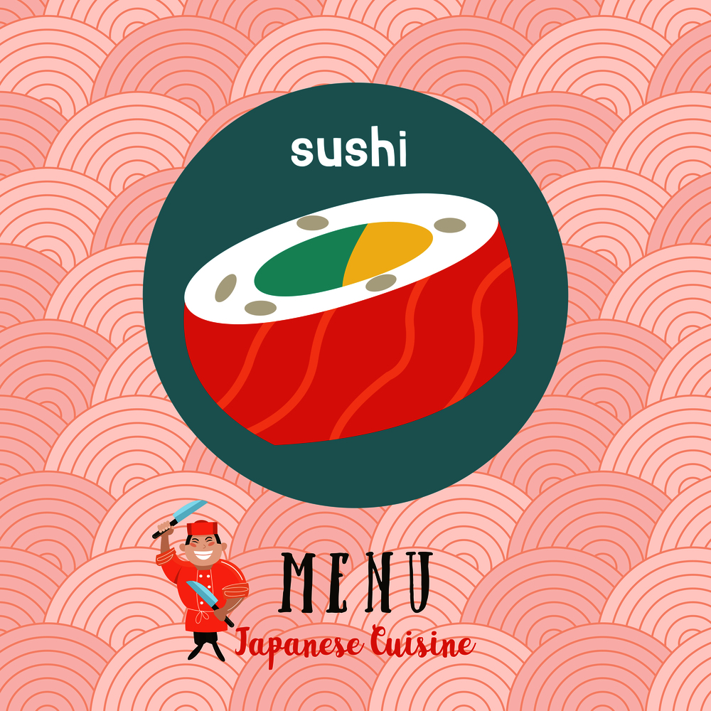 Japanese cuisine. Japanese sushi. Japanese chef with a large cooking knife. Vector illustration in cartoon style.