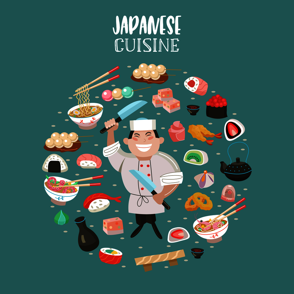 Japanese cuisine. Japanese desserts and sweets, tempura, sushi, rolls, onigiri. Soups, noodles, sake. Japanese chef with a large cooking knife. Vector illustration in cartoon style oriented in a circle.