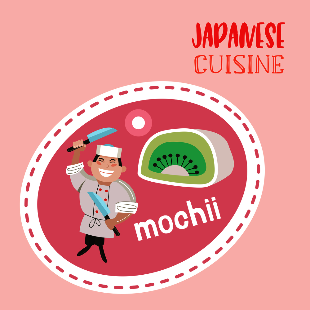 Japanese cuisine. Japanese desserts and sweets. Japanese chef with a large cooking knife. Vector illustration in cartoon style.