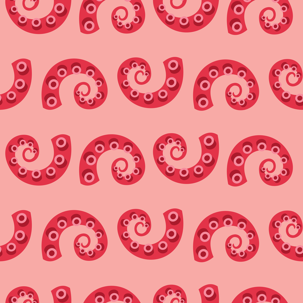 Japanese cuisine. Seamless pattern. The tentacles of an octopus, seafood. Vector illustration in cartoon style.