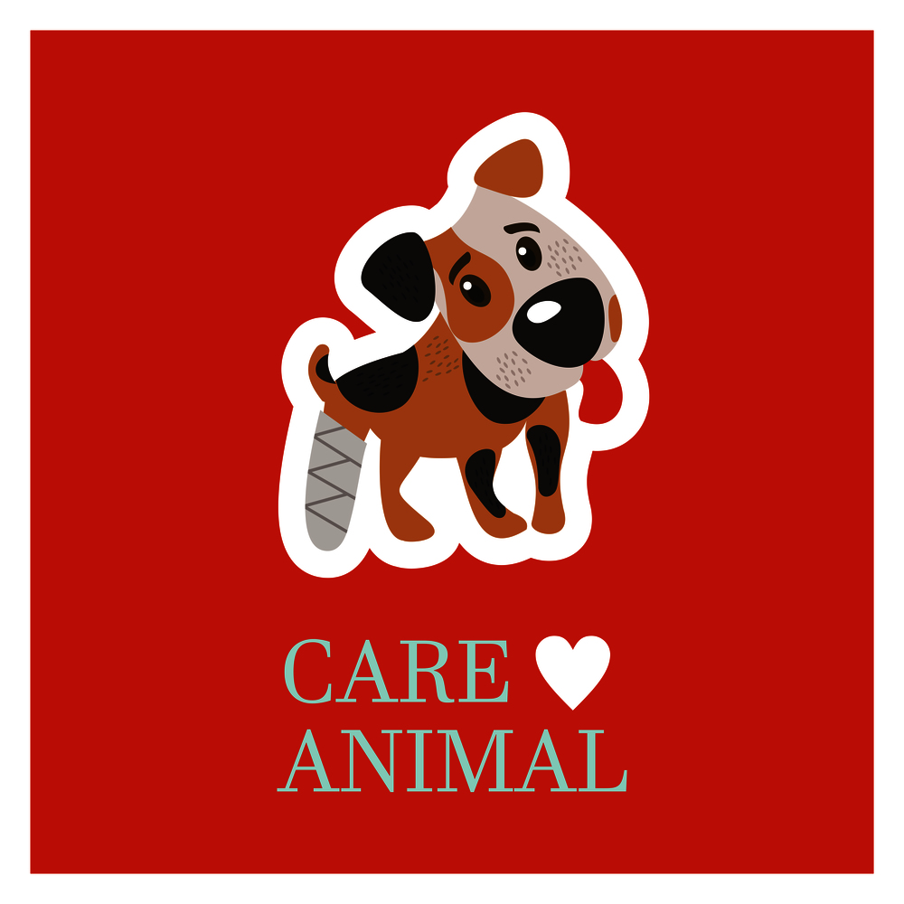 Veterinary care. Care of animals. Cute dog Jack Russell Terrier with a broken leg. The emblem of the clinic. Vector illustration of a sticker.. Veterinary care. Care of animals. The emblem of the clinic. Vector illustration of a sticker.
