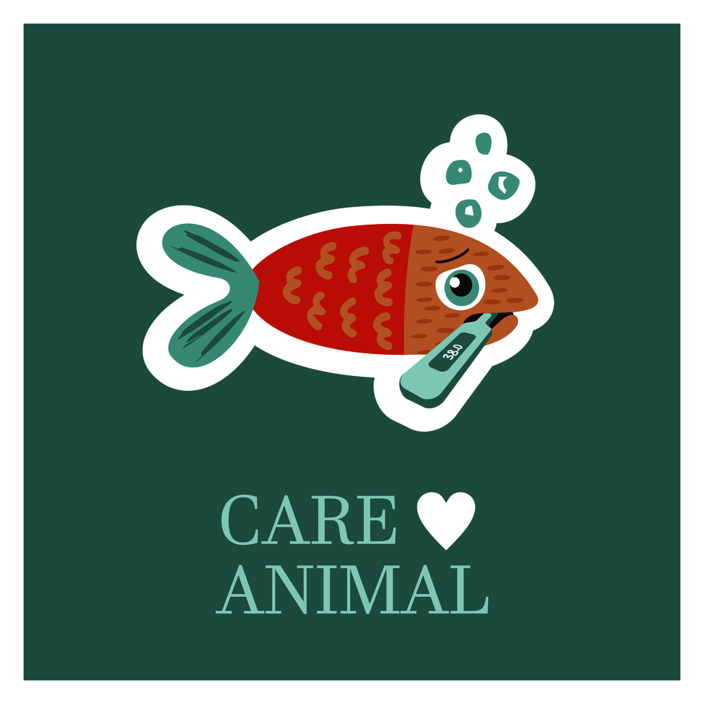 Veterinary care. Care of animals. Sick fish with a thermometer. The emblem of the clinic. Vector illustration of a sticker.. Veterinary care. Care of animals. The emblem of the clinic. Vector illustration of a sticker.