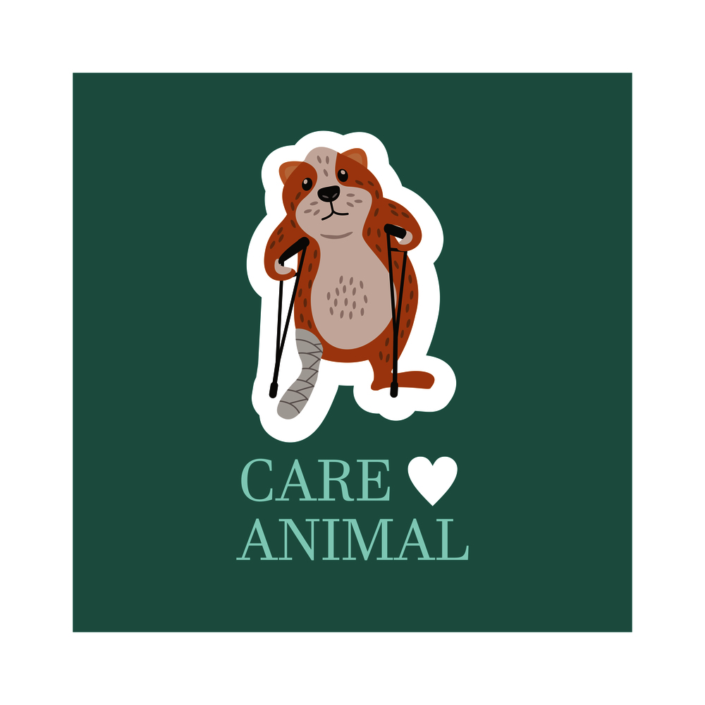 Veterinary care. Care of animals. A sick hamster with a broken leg on crutches. The emblem of the clinic. Vector illustration of a sticker.. Veterinary care. Care of animals. The emblem of the clinic. Vector illustration of a sticker.