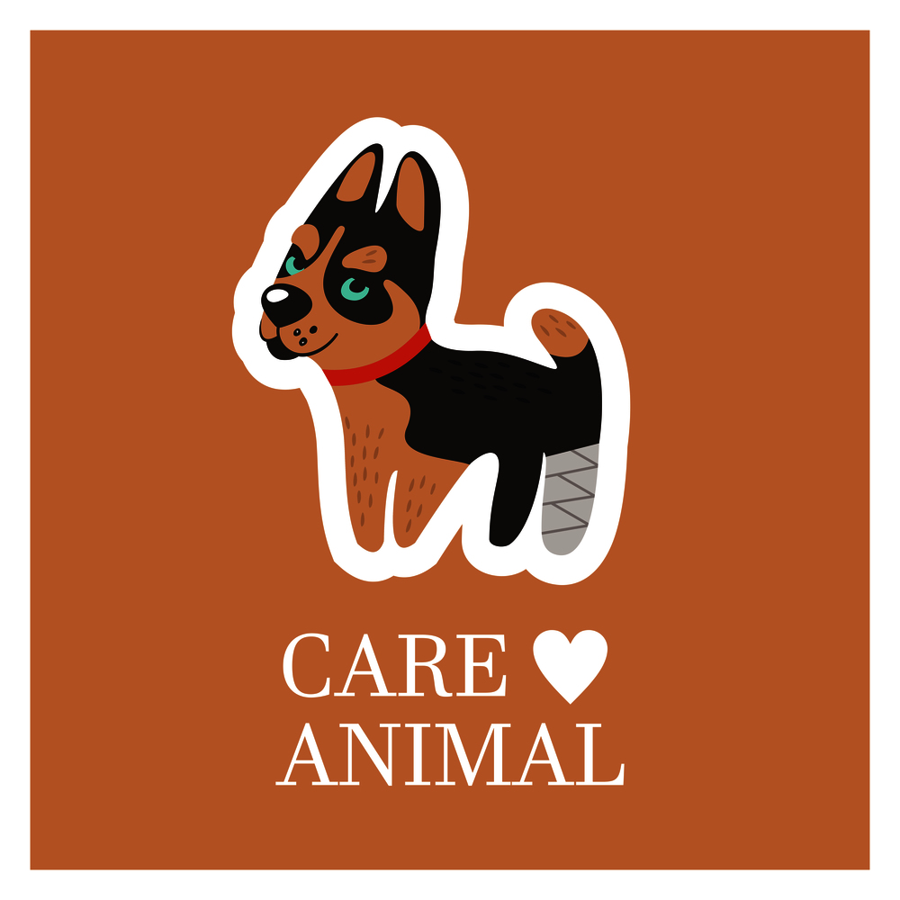 Veterinary care. Care of animals. Cute Husky dog with a broken paw. The emblem of the clinic. Vector illustration of a sticker.. Veterinary care. Care of animals. The emblem of the clinic. Vector illustration of a sticker.