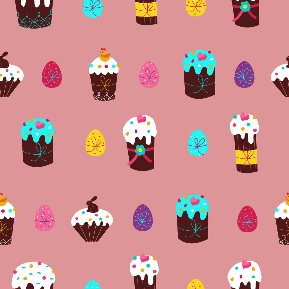 Seamless pattern for Easter. Cute Easter cakes and painted eggs. Vector illustration.