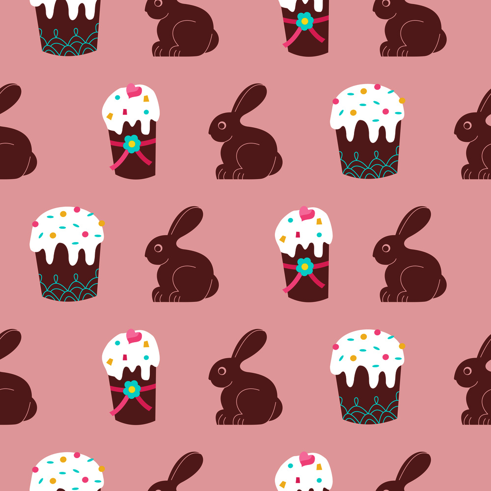 Seamless pattern for Easter. Cute Easter cakes and chocolate bunnies.  Vector illustration.
