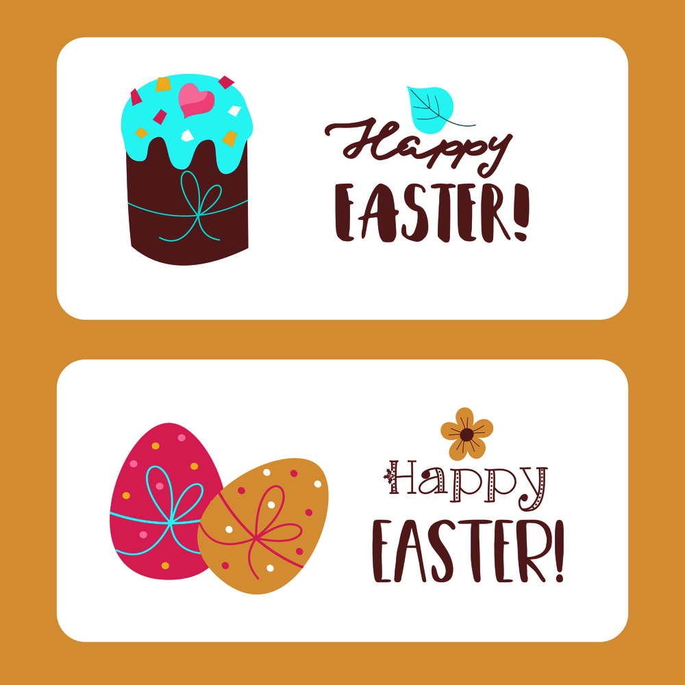 happy Easter. Vector greeting cards. Cute Easter cakes, painted eggs.