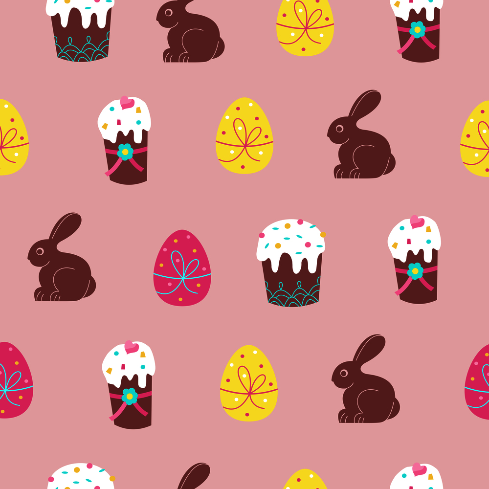 Seamless pattern for Easter. Cute Easter cakes, colored eggs and chocolate bunnies.  Vector illustration.