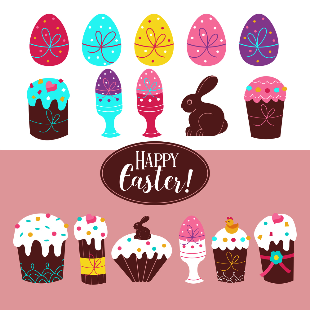 Great Easter clipart set. Colorful painted eggs, a chocolate Bunny, Easter cakes with colorful icing.