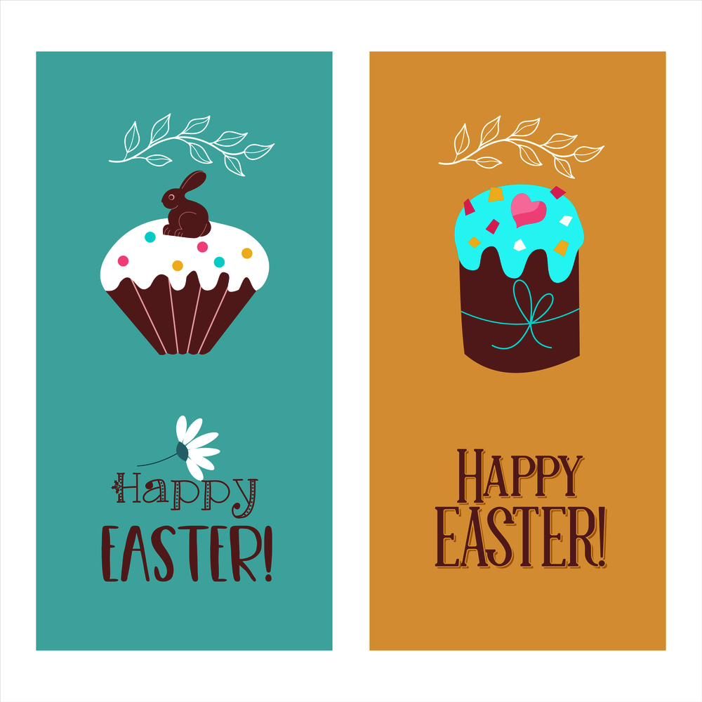 happy Easter. Vector greeting cards. Cartoon beautiful Easter cakes.