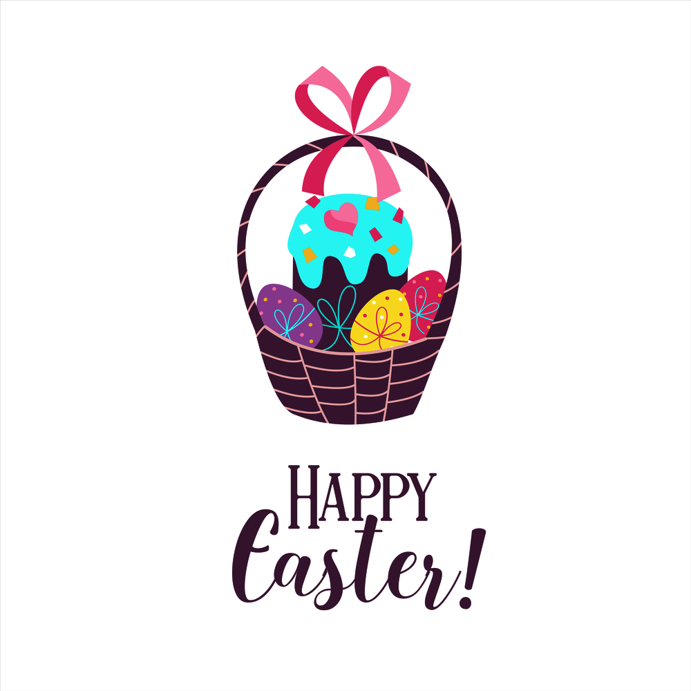 happy Easter. Vector greeting card.  Basket with painted eggs. Spring clipart.