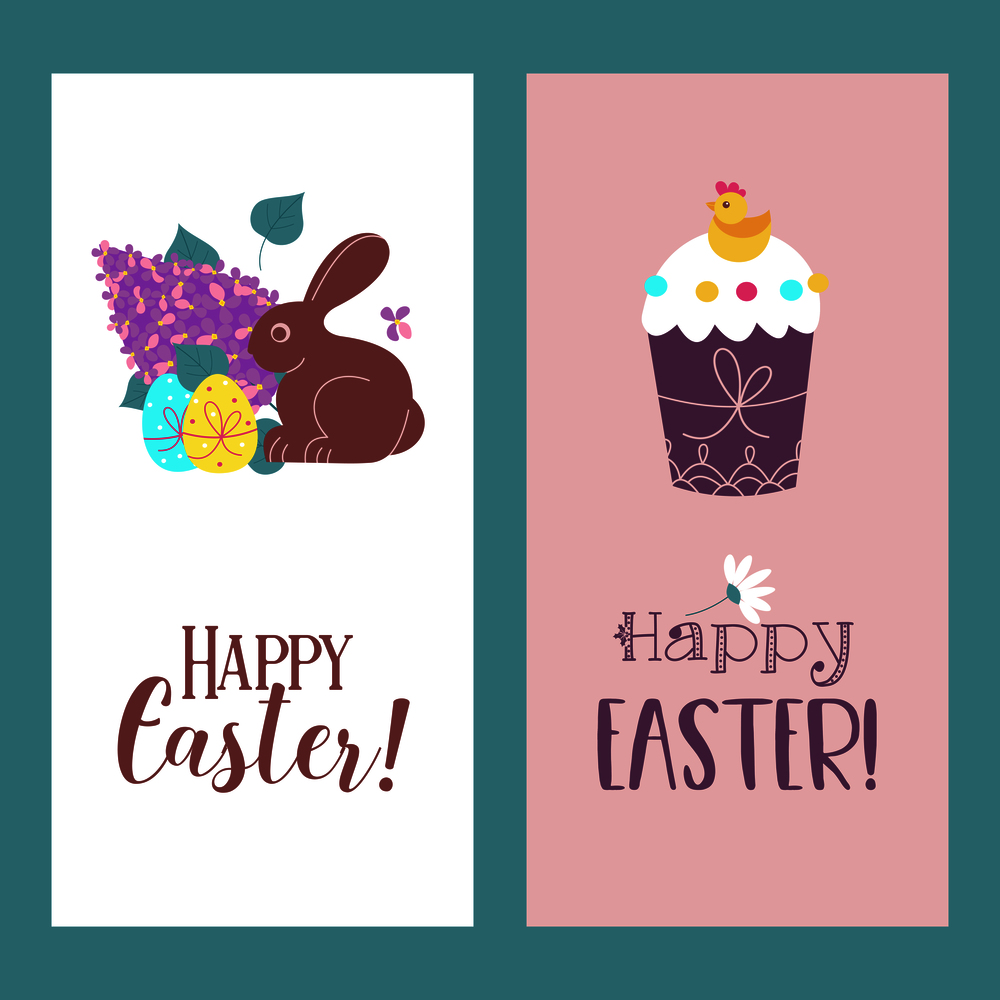 happy Easter. Vector greeting cards. Cartoon beautiful Easter cakes, chocolate Bunny, dyed eggs and a bouquet of lilacs. Spring clipart.