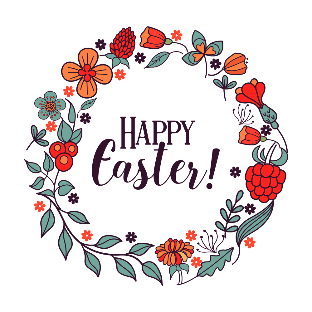 happy Easter. Easter spring wreath. The flowers and herbs.  Spring holiday Easter vector illustration.