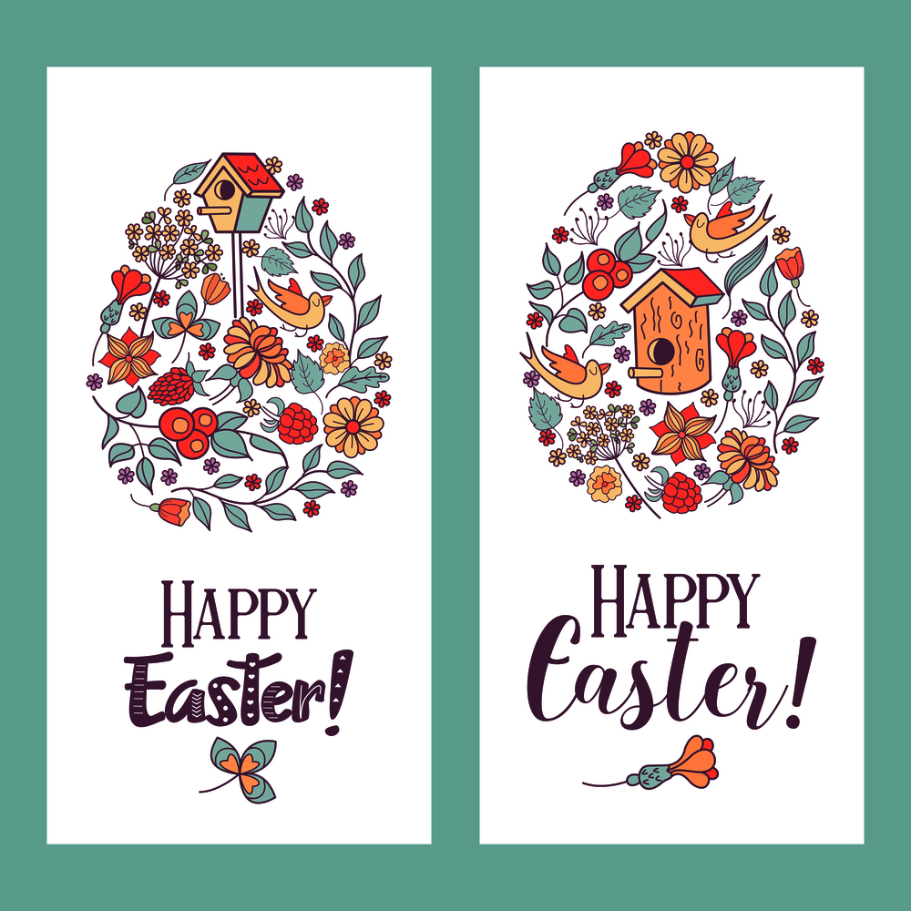 happy Easter. Easter egg with flower pattern. Flowers, herbs, birdhouse, bird. Spring holiday Easter vector illustration.