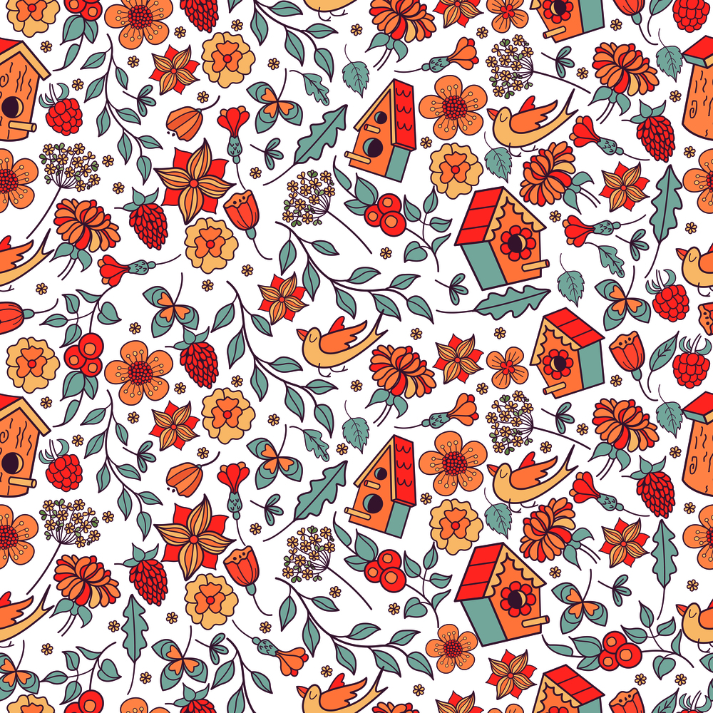 Seamless pattern.  Spring flowers, herbs, birdhouses, birds. Cute spring pattern for printing onto fabric, paper.