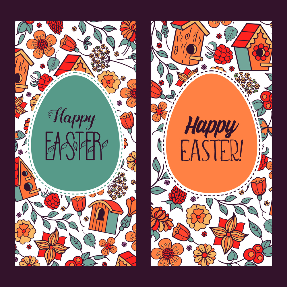 happy Easter. Easter egg with flower pattern. Flowers, herbs, birdhouse, bird. Spring holiday Easter vector illustration.