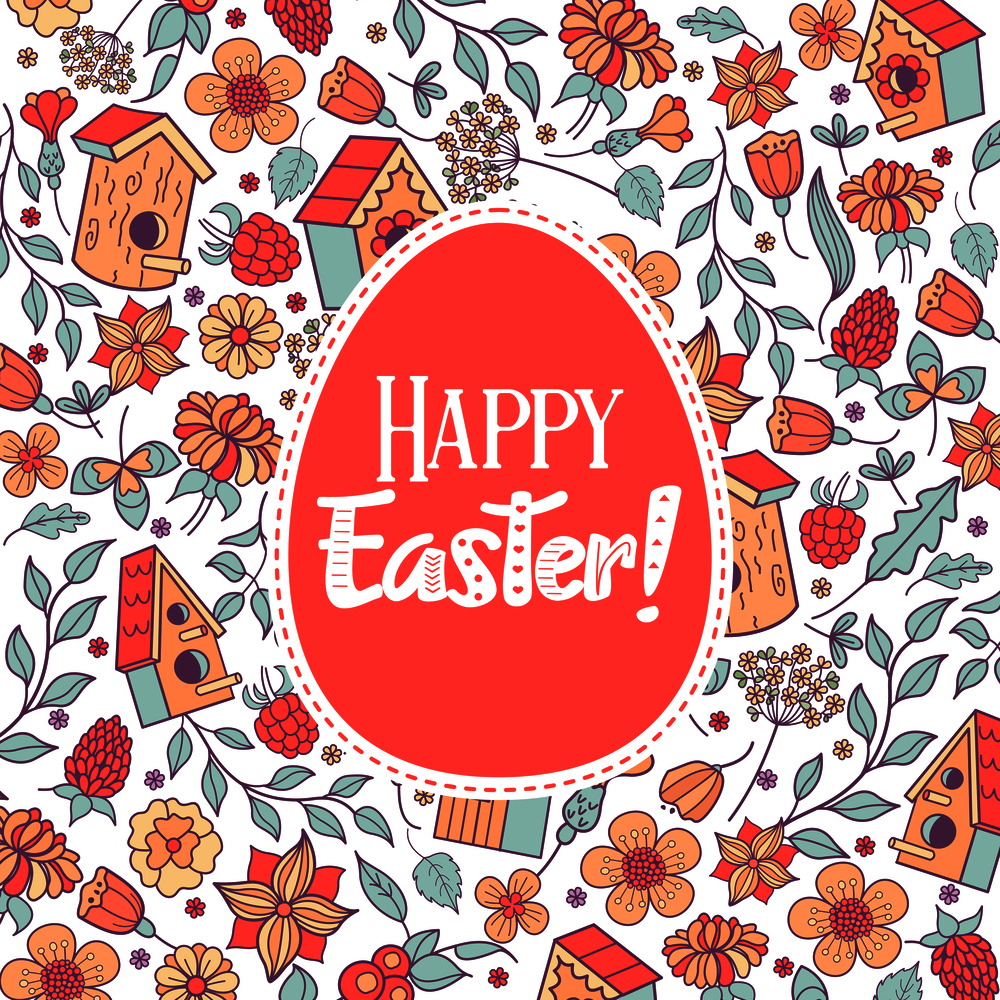 Seamless pattern.  happy Easter. Spring flowers, herbs, birdhouses, birds. Cute spring pattern for printing onto fabric, paper for decoration congratulation with Easter.
