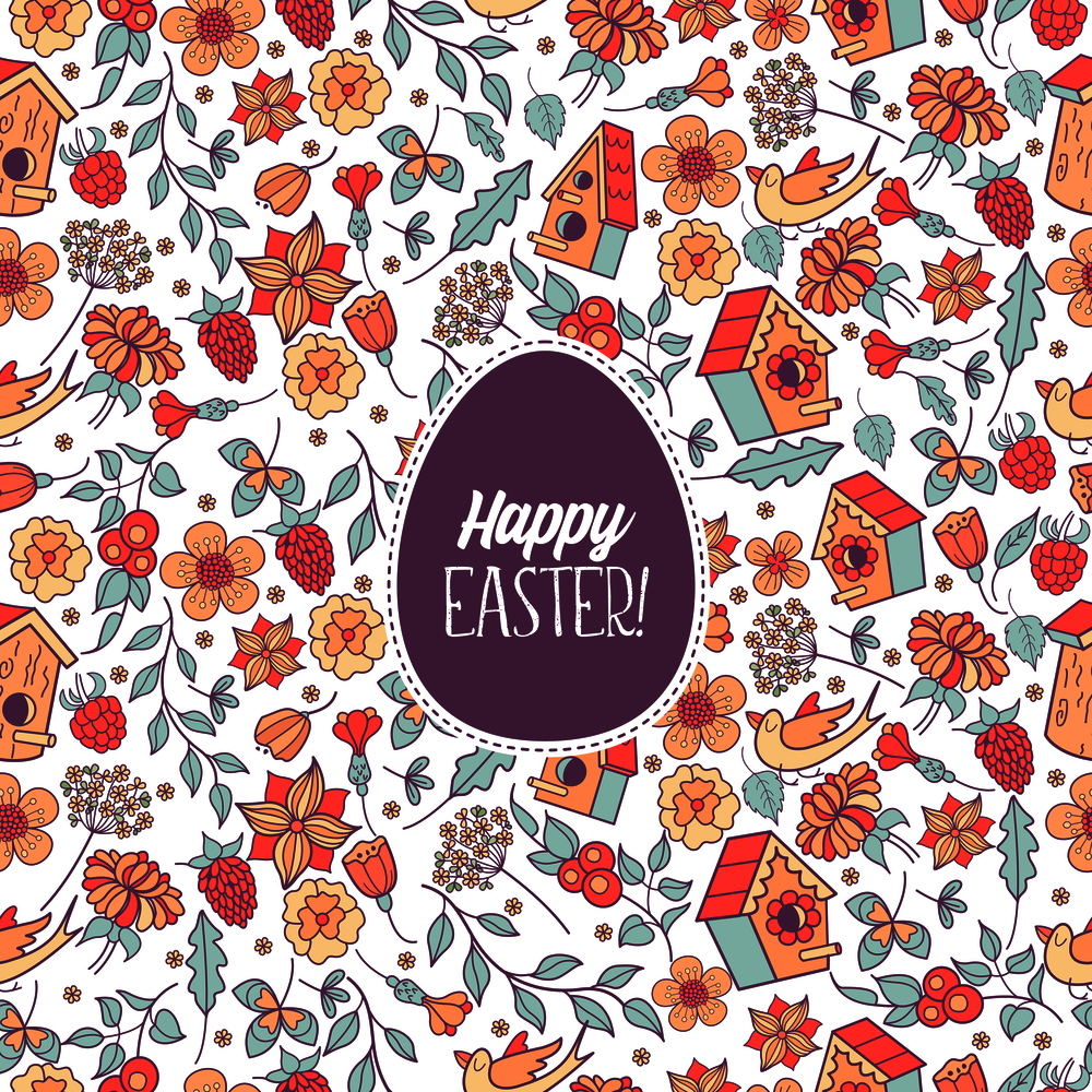 Seamless pattern.  happy Easter. Spring flowers, herbs, birdhouses, birds. Cute spring pattern for printing onto fabric, paper for decoration congratulation with Easter.