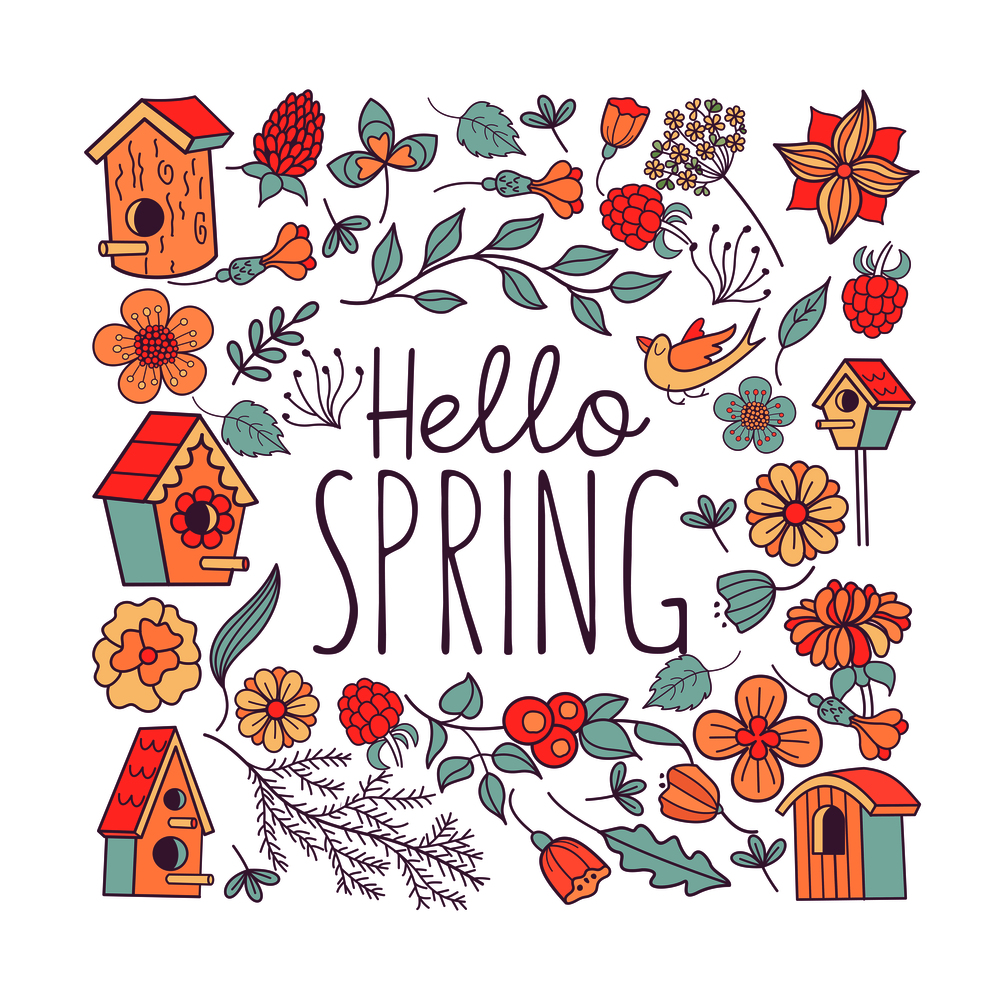 Hello, spring! Vector illustration. Set of cliparts. Spring flowers, bird houses, branches, leaves oriented in a square. Greeting card.