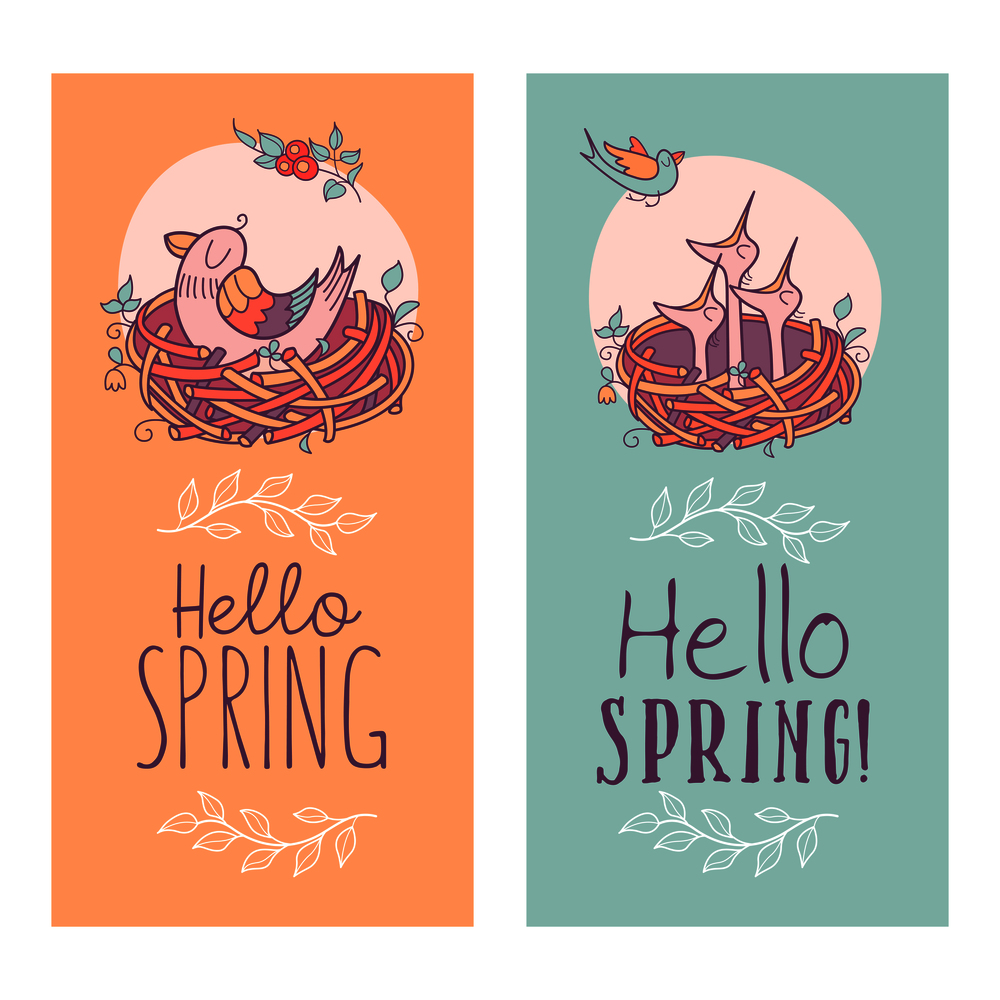 Cute spring cards. Hello, spring! Birds sitting in nests. Vector illustration. Greeting cards.
