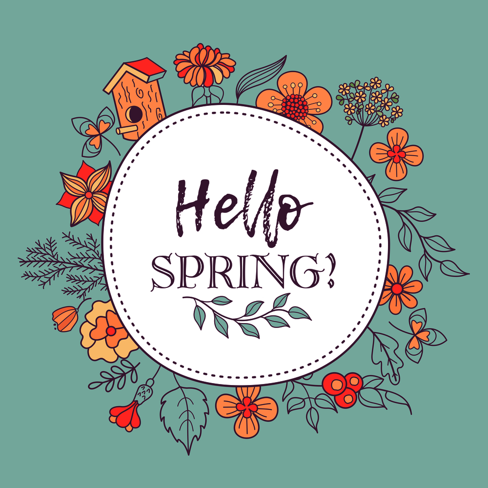 Cute spring illustration. A wreath of flowers, leaves and birdhouses. The inscription Hello, spring!