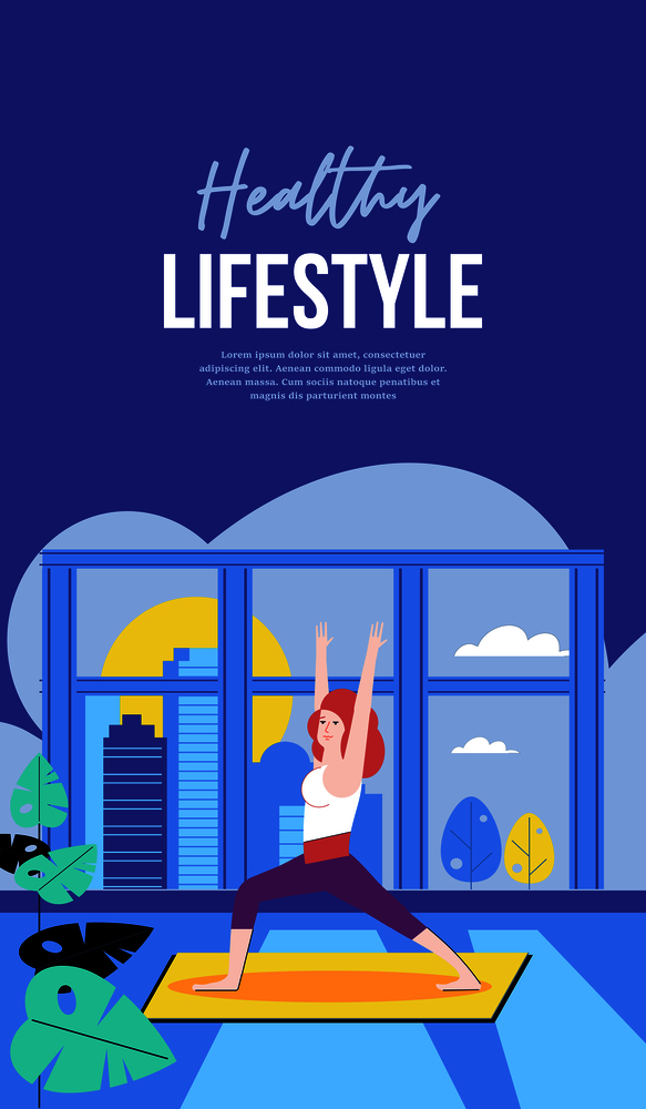 The girl performs sports exercises at home by the open window. Vector illustration.
