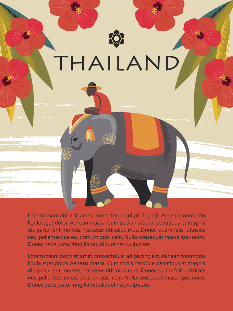Thailand. Tour on the elephant. Rider on an elephant among the red flowers. Vector illustration. Template for travel website, travel guide.. Thailand. Tour on the elephant. Vector illustration.