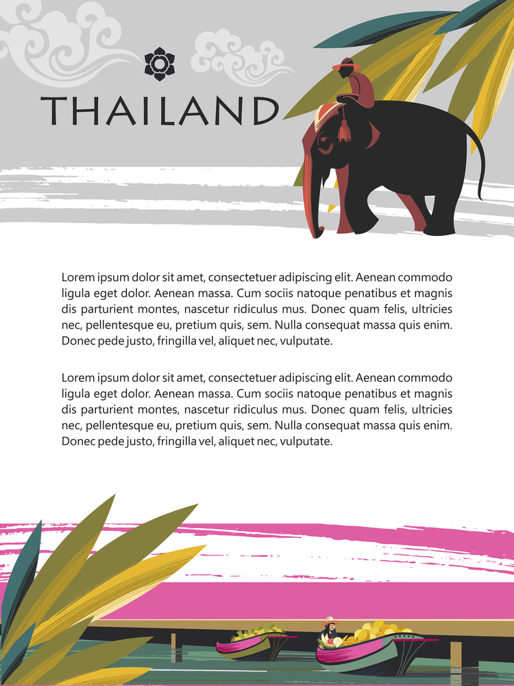 Thailand. The rider on the elephant. Fruit traders on boats. Vector illustration. Template for travel website, travel guide.. Thailand. The rider on the elephant. Vector illustration. Template for travel website, travel guide.