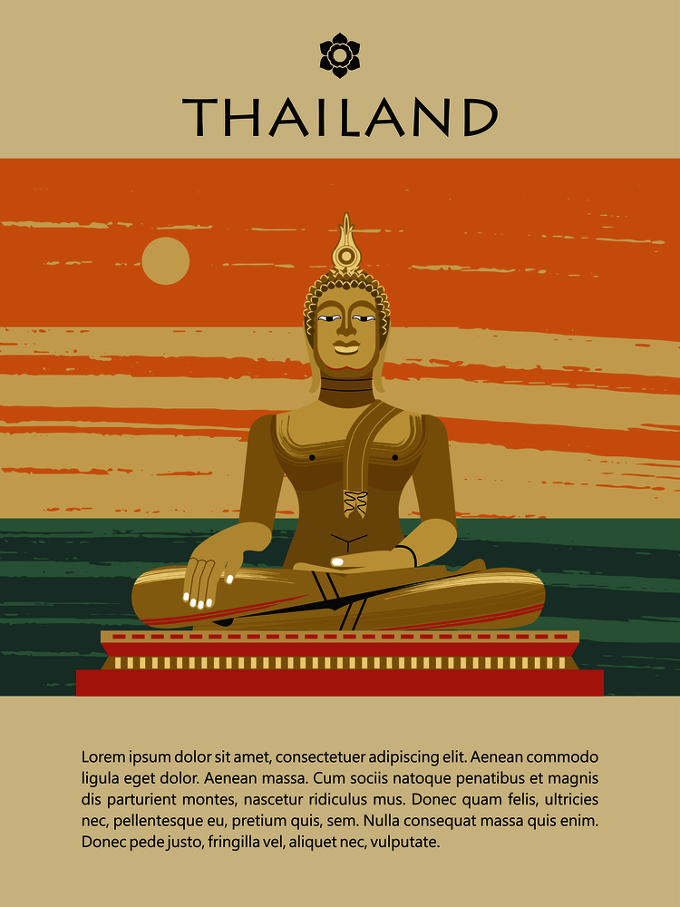 Golden Buddha statue in Thailand. Vector illustration. Buddha on a background of the sea landscape. Template for travel website, travel guide.. Golden Buddha statue in Thailand. Vector illustration.