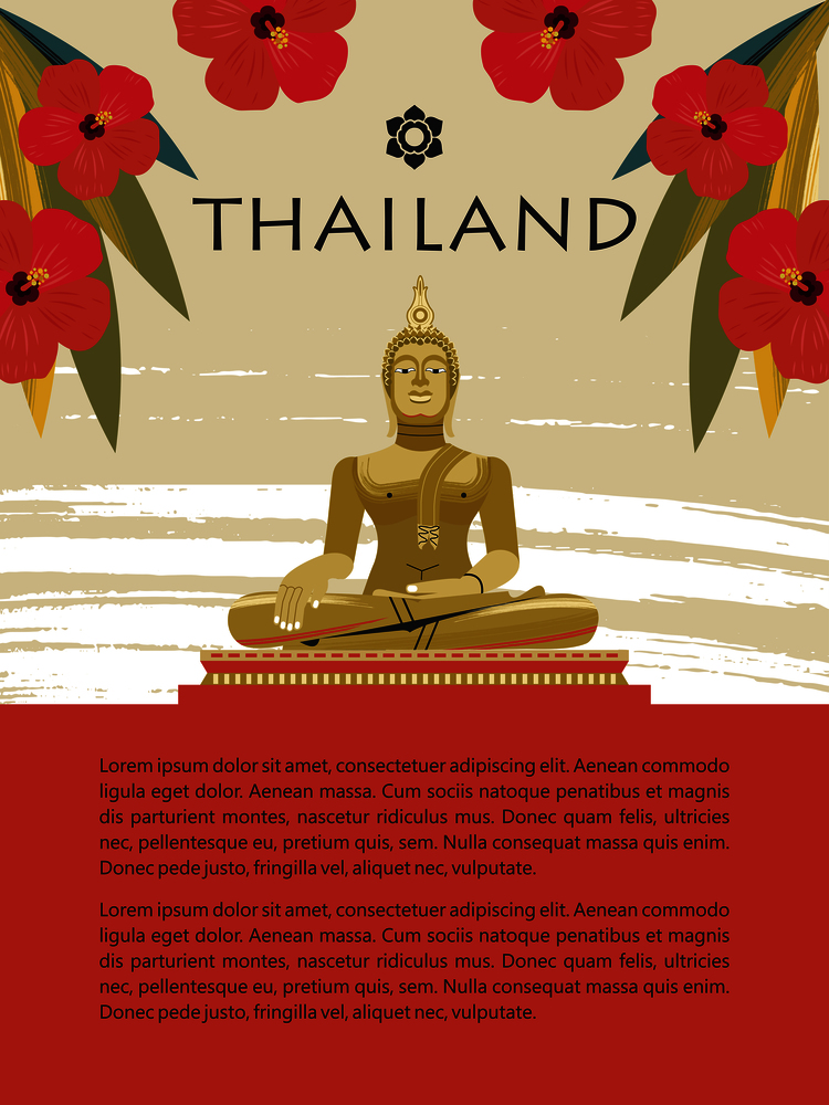 Golden Buddha statue in Thailand. Vector illustration. Buddha among red exotic flowers. Template for travel website, travel guide. Golden Buddha statue in Thailand. Vector illustration.