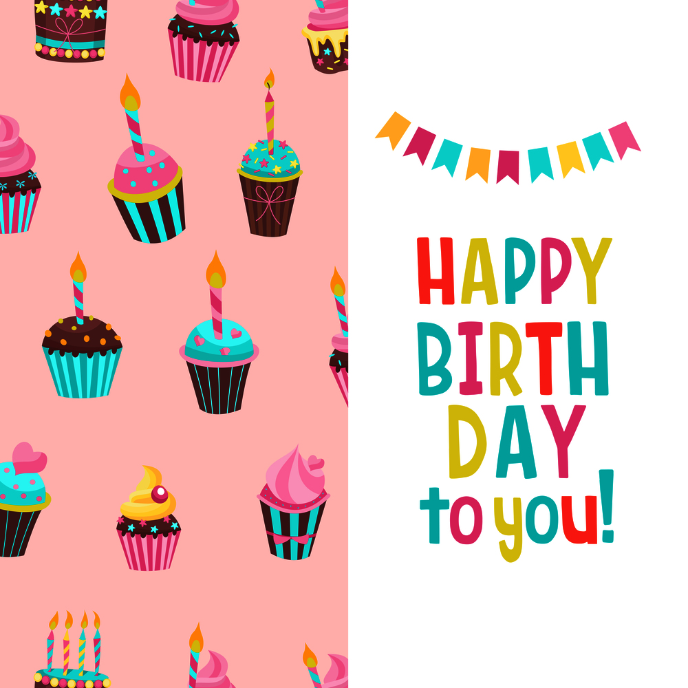 Congratulations on your birthday. Beautiful cute cakes and candlelight cakes. Seamless pattern.
