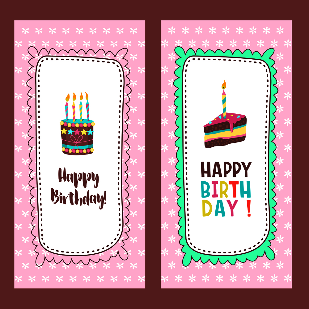 Congratulations on your birthday. Beautiful cute cakes and candlelight cakes. Hand drawn frames. Vector illustration.