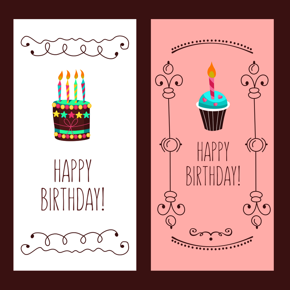 Congratulations on your birthday. Beautiful cute cakes and candlelight cakes. Hand drawn frames. Vector illustration.