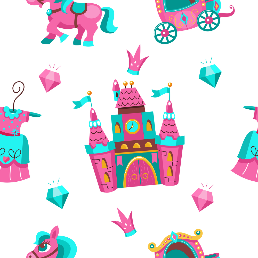 Seamless fabulous pattern on a white background. Fairytale castle, pink pony, Princess dress, pink Royal carriage, diamonds, crown.
