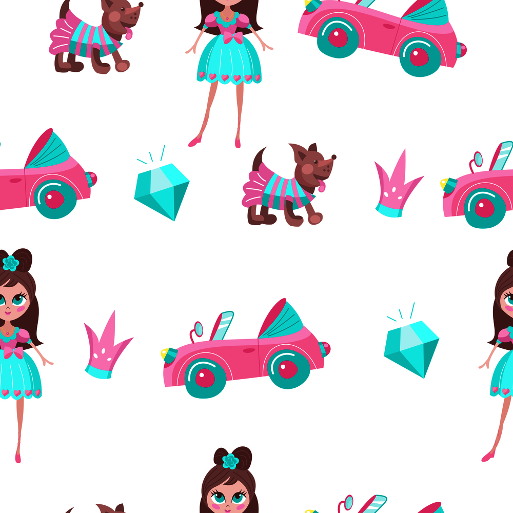Seamless pattern on a white background. The attributes of a beautiful life of the girl. A pink convertible, a little dog in a suit, diamonds, a Royal crown.