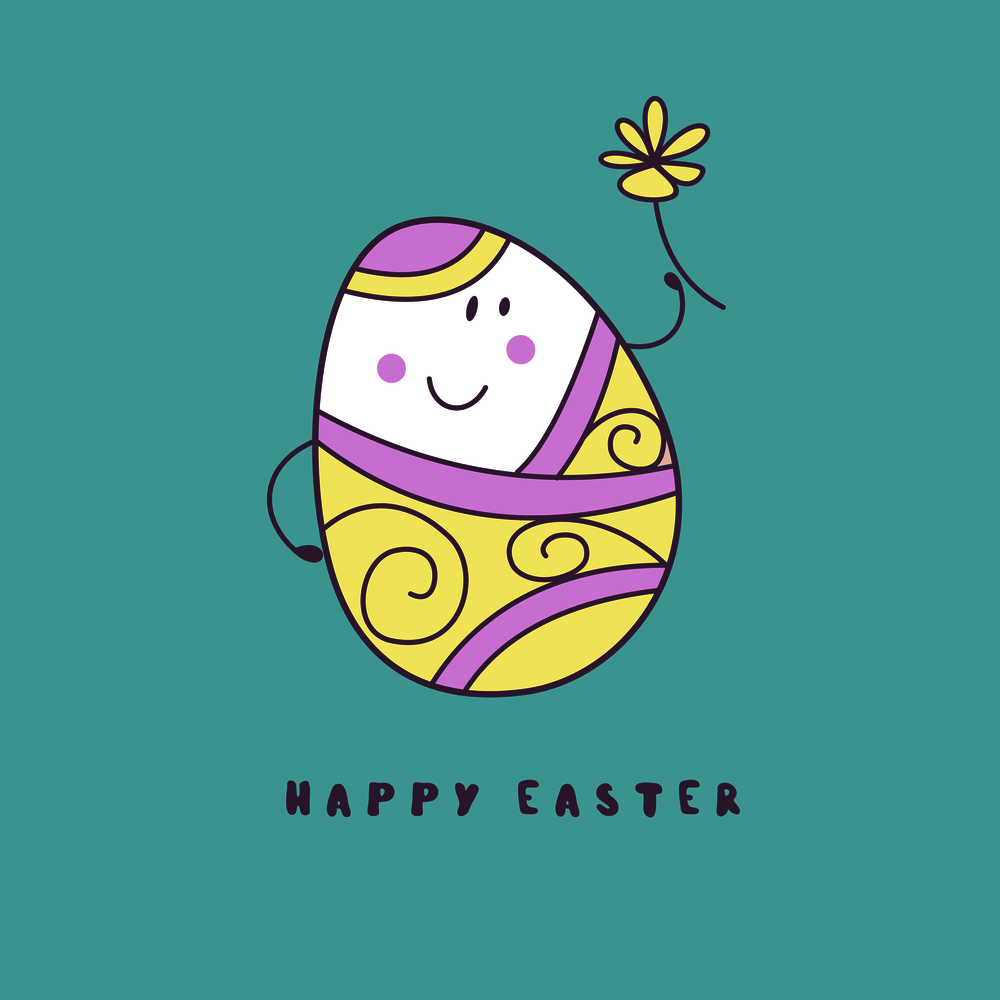 happy Easter. Cheerful Easter painted egg. Cute vector holiday illustration in cartoon style. Greeting card.. happy Easter. Cute vector festive illustration in cartoon style.