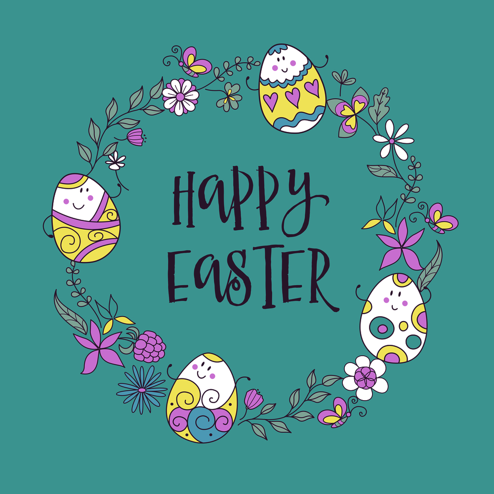 happy Easter. Wreath of flowers, herbs and cheerful painted Easter eggs. Greeting card in cartoon style.. happy Easter. Cute vector festive illustration in cartoon style.