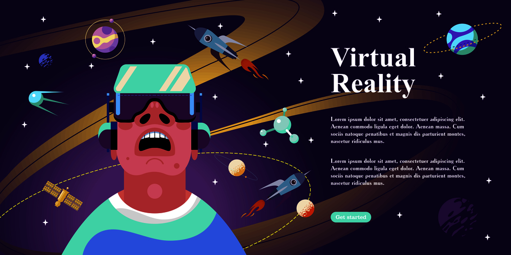 Web page with VR concept. Virtual Reality concept with a man interacting with imaginary universe through VR glasses. Vector illustration.. Web page with VR concept. Man in cyberspace. Virtual reality concept. Vector illustration.