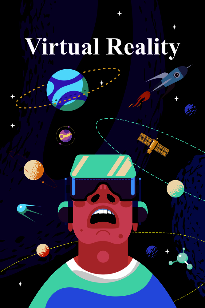 Virtual Reality concept with a man interacting with imaginary universe through VR glasses. Vector illustration.. VR concept. Man in cyberspace. Virtual reality concept. Vector illustration.