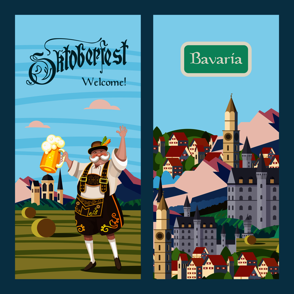Oktoberfest. Traditional annual beer festival in Germany. Vector illustration. A cheerful German man in a national costume stands against the background of the Bavarian landscape with a mug of beer in his hand.