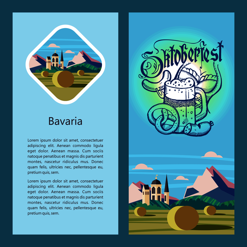 Oktoberfest. Traditional annual beer festival in Germany. Vector illustration. Hand-drawn mug of beer and sausage on the background of the traditional German landscape.