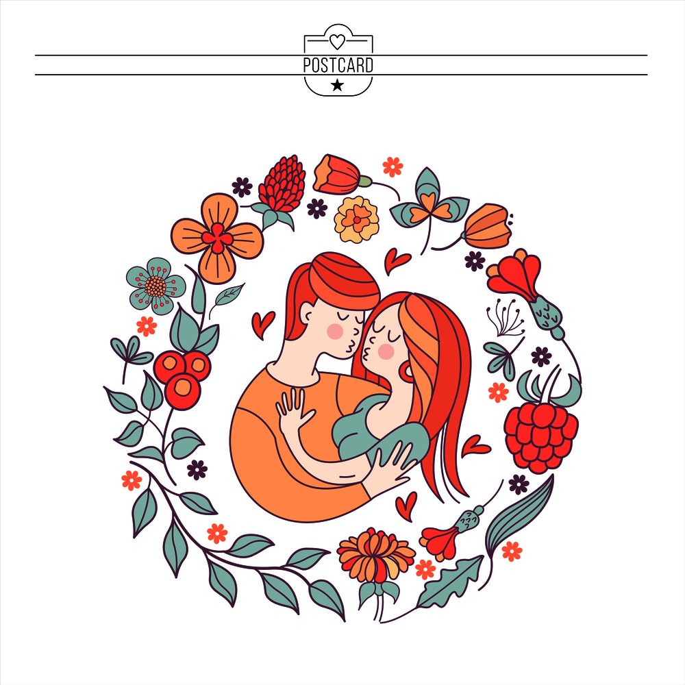 Boy and girl. Bride and groom. Love. Vector illustration in a linear fashion. Valentine&rsquo;s day card.  Couple in love framed by a floral wreath.