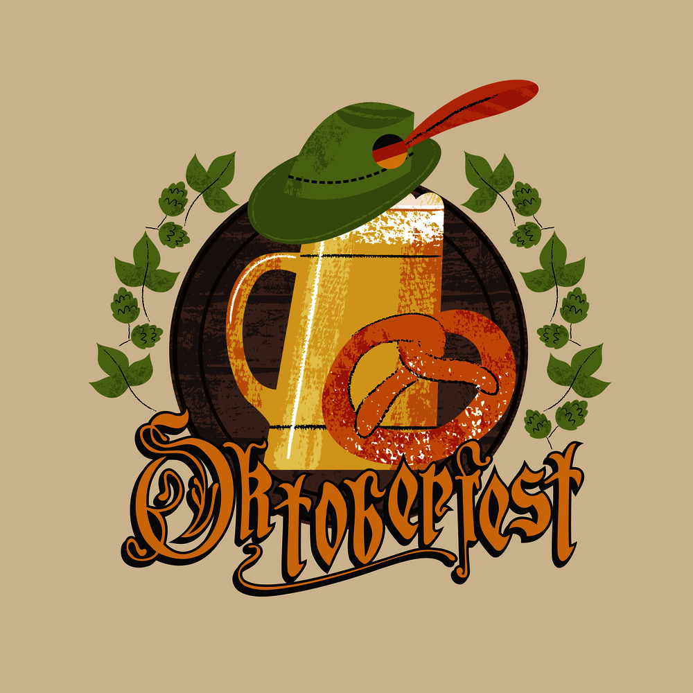 The emblem of the Oktoberfest beer festival. A large beer mug, a Tyrolean hat and a traditional German pretzel. The inscription in Gothic letters. Hand drawn illustration.. The Emblem Of The Oktoberfest. Traditional beer festival. A large beer, a German pretzel and a Tyrolean hat. The inscription in Gothic letters. Hand drawn vector illustration.