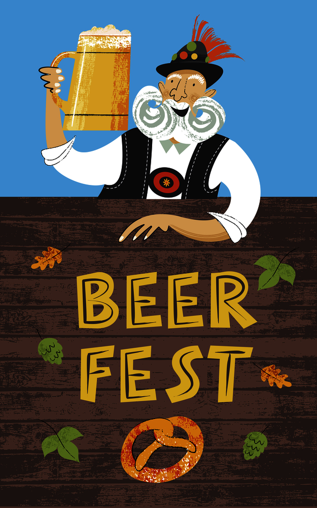 Poster beer festival Oktoberfest. An elderly man with a large mustache in a Tyrolean hat with a large beer mug. Hand drawn vector illustration.. Poster festival Oktoberfest. Traditional beer festival. Hand drawn vector illustration.