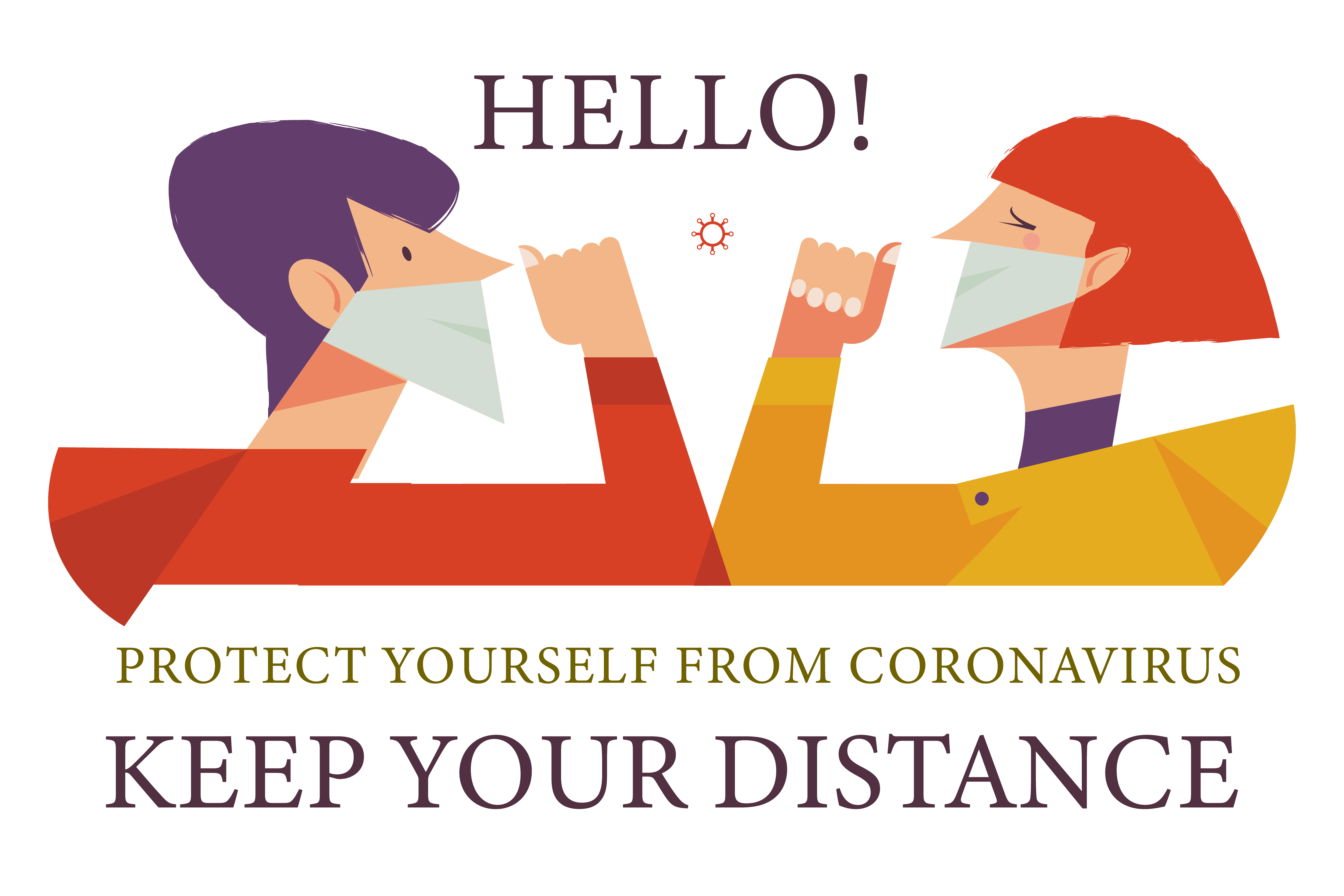 Keep your distance. Vector poster encouraging people to wear masks and keep a social distance during the coronavirus pandemic. Hello. New contactless greeting without shaking hands.. Keep your distance. Vector poster encouraging people to wear masks and keep a social distance during the coronavirus pandemic