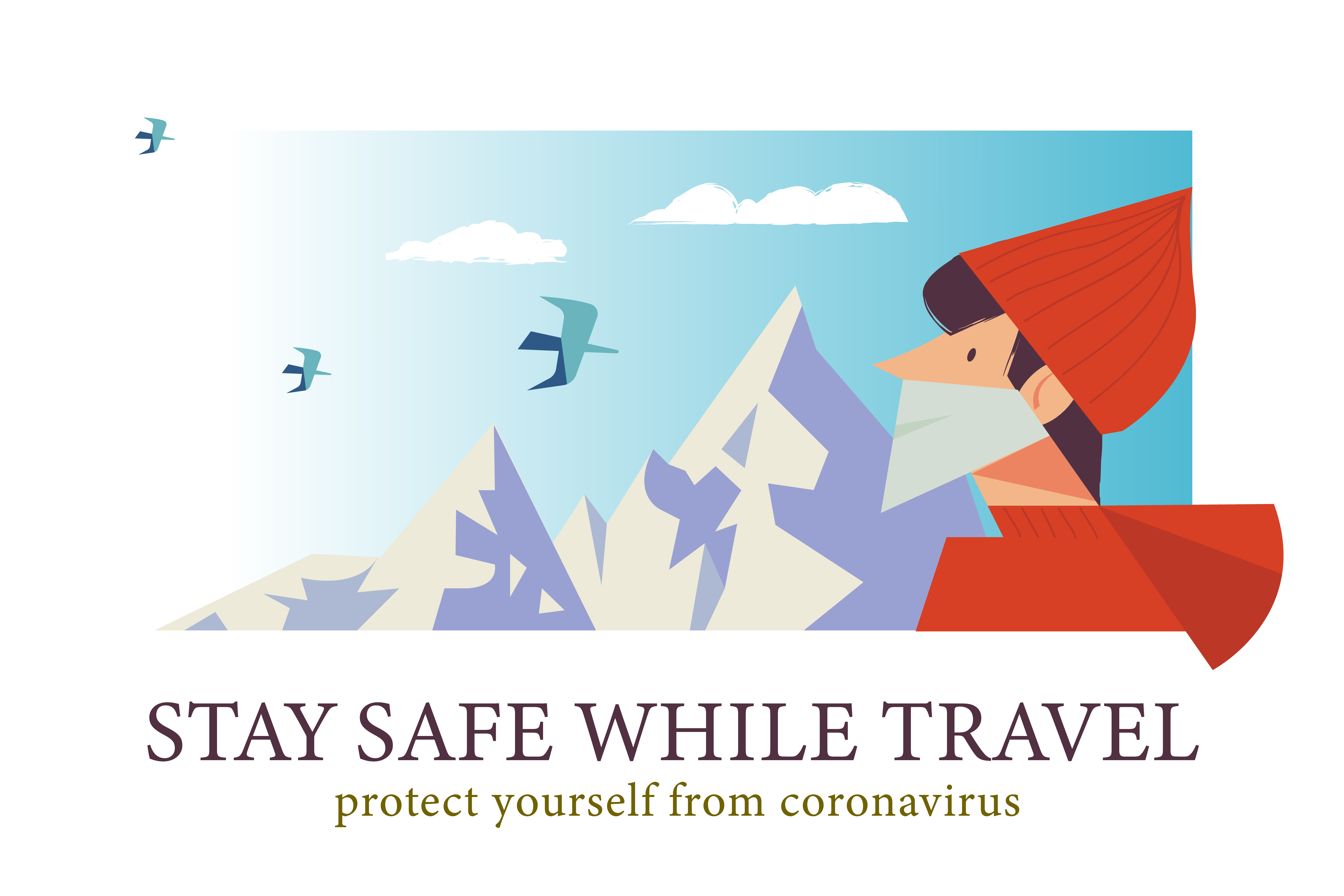 Stay safe while traveling. Vector poster encouraging people to wear masks. The guy is traveling in the mountains in a medical mask. Stay safe while traveling. Vector poster encouraging people to wear masks.